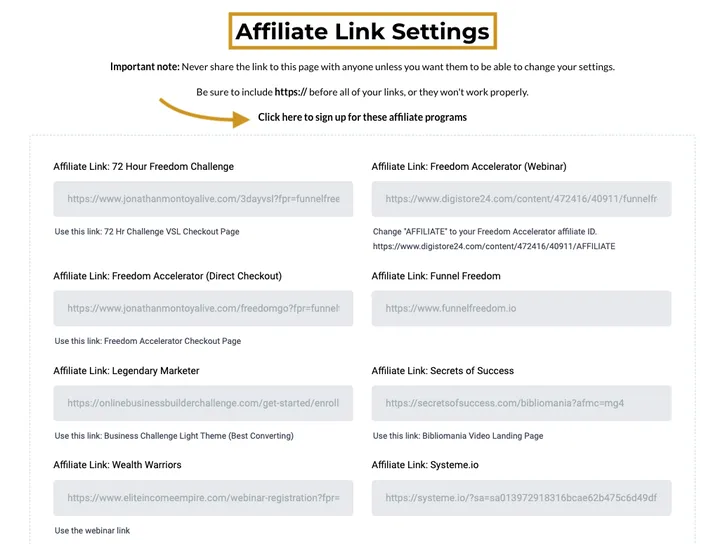 Funnel Freedom affiliate link settings