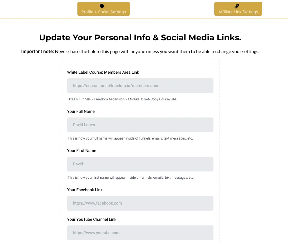Funnel Freedom personal info settings
