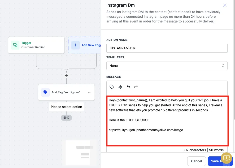 Funnel Freedom workflow editing automated Instagram DM