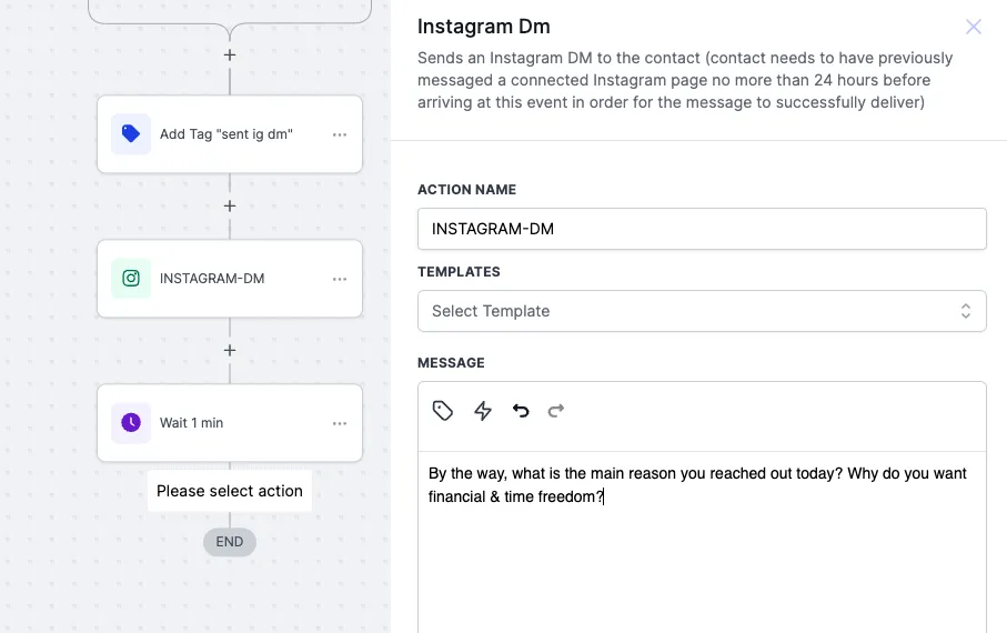 Funnel Freedom workflow editing second automated Instagram DM